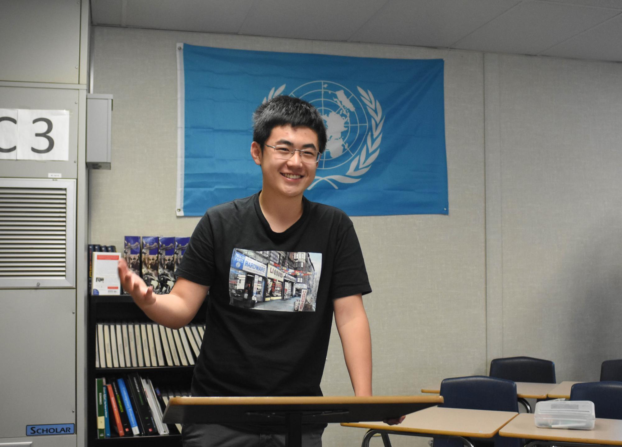 Model United Nations student George Zhe Wang (12), giving his argument towards real world issues. Students participate in debates and give their opinions on different topics and from the perspective of the country they represent.
