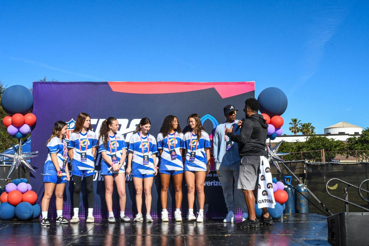  South OC Wave 17u girls team smiled as they were honored on stage. The team has four players from San Juan Hills, one player from Trabuco Hills, and one player from Mission Viejo High School.