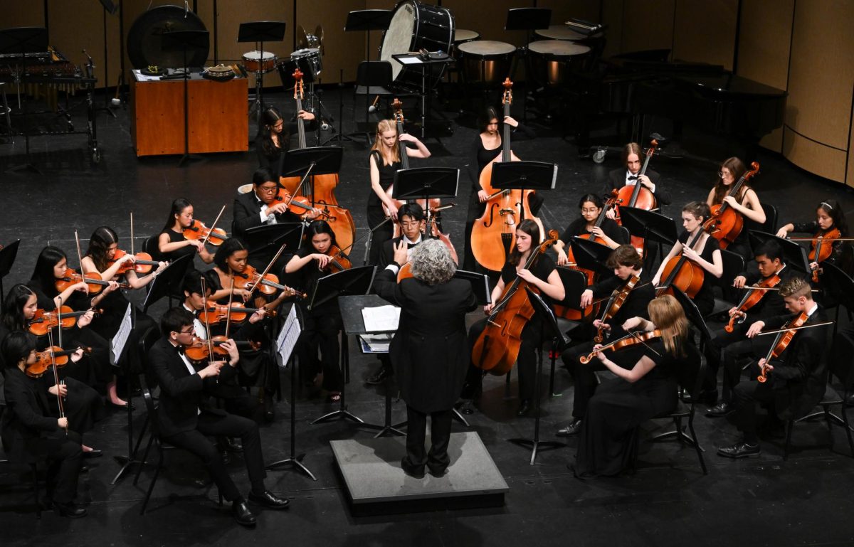 Conductor Dean McElroy leads San Juan Hills’ Chamber Orchestra through their collective musical performance. Alongside Symphony Orchestra, Concert Orchestra, Intermediate, and more, they played for a full audience in the theater.