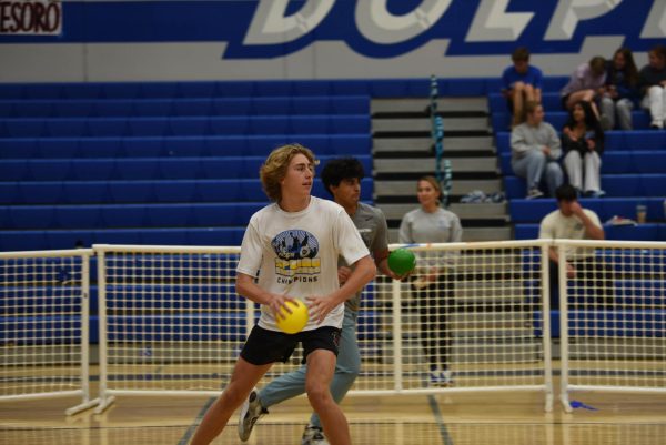 Representing SJHHS at the District Dodgeball Tournament, Dillip Bandhal (12) and Rocco Jensen (12) throw in unison. Their team, “Dillip’n EM,” won the SJHHS Dodgeball Tournament and moved on to the district games. 