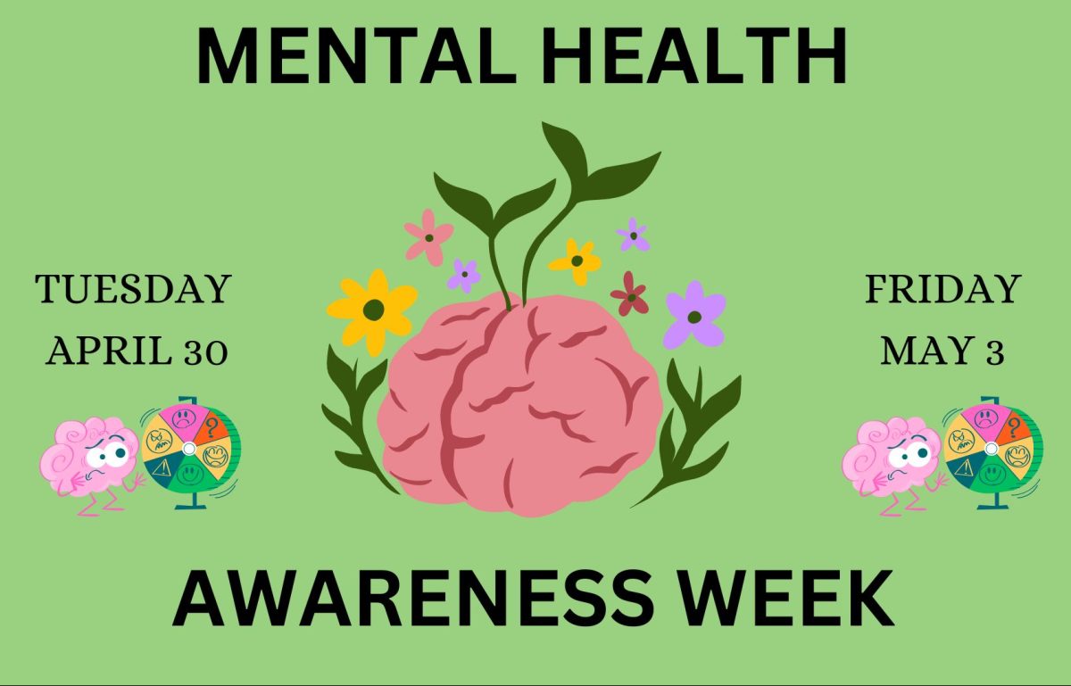 Graphic depicts the Mental Health Awareness week that SJHHS will be putting on. The event will be taking place Tuesday April 30th until Friday May 3, hosting various activities everyone is welcome to attend.