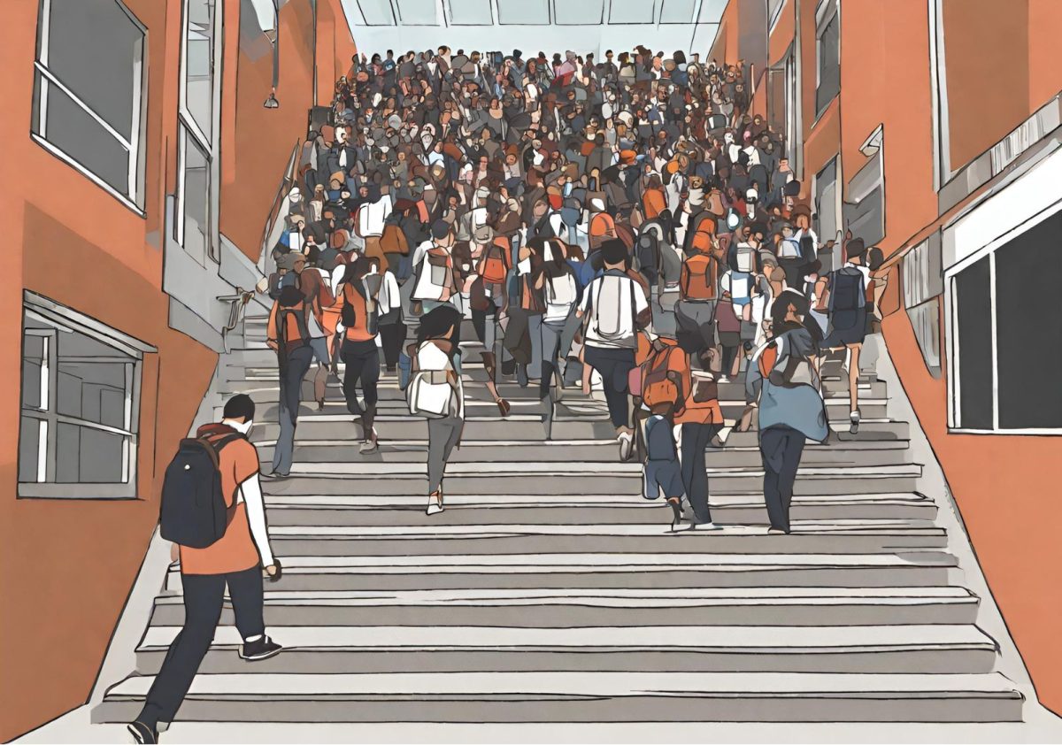 A+graphical+representation+of+students+on+a+crowed+stairway+between+classes.+An+added+passing+period+would+be+needed+if+the+proposed+schedule+change+is+accepted.