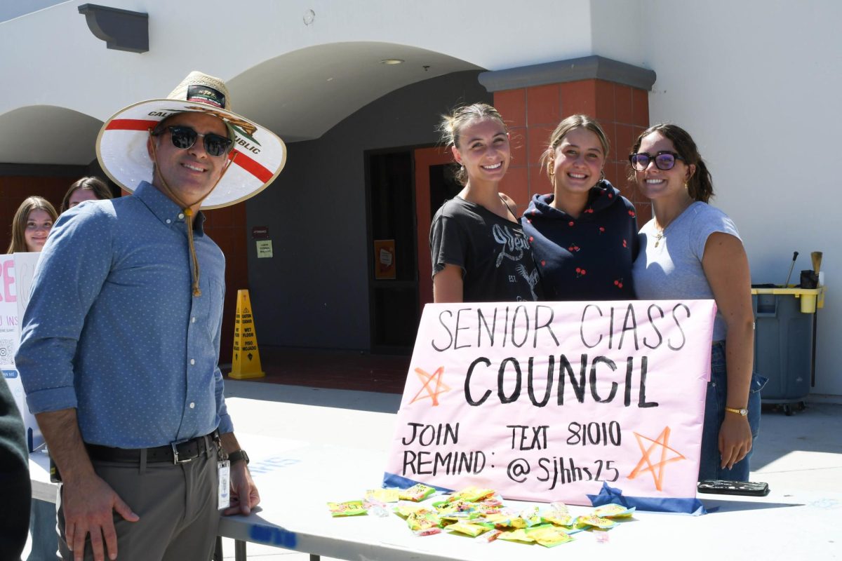 While exploring his first Club Rush as a member of the Stallion family, Principal Cina Abedzadeh talks to Taylor Jander, Madison Rigol, and Natalie Weitzman (12) of the Senior Class Council. He learns about the council’s plans of how they will reach their goal of making this last school year their best one of all.