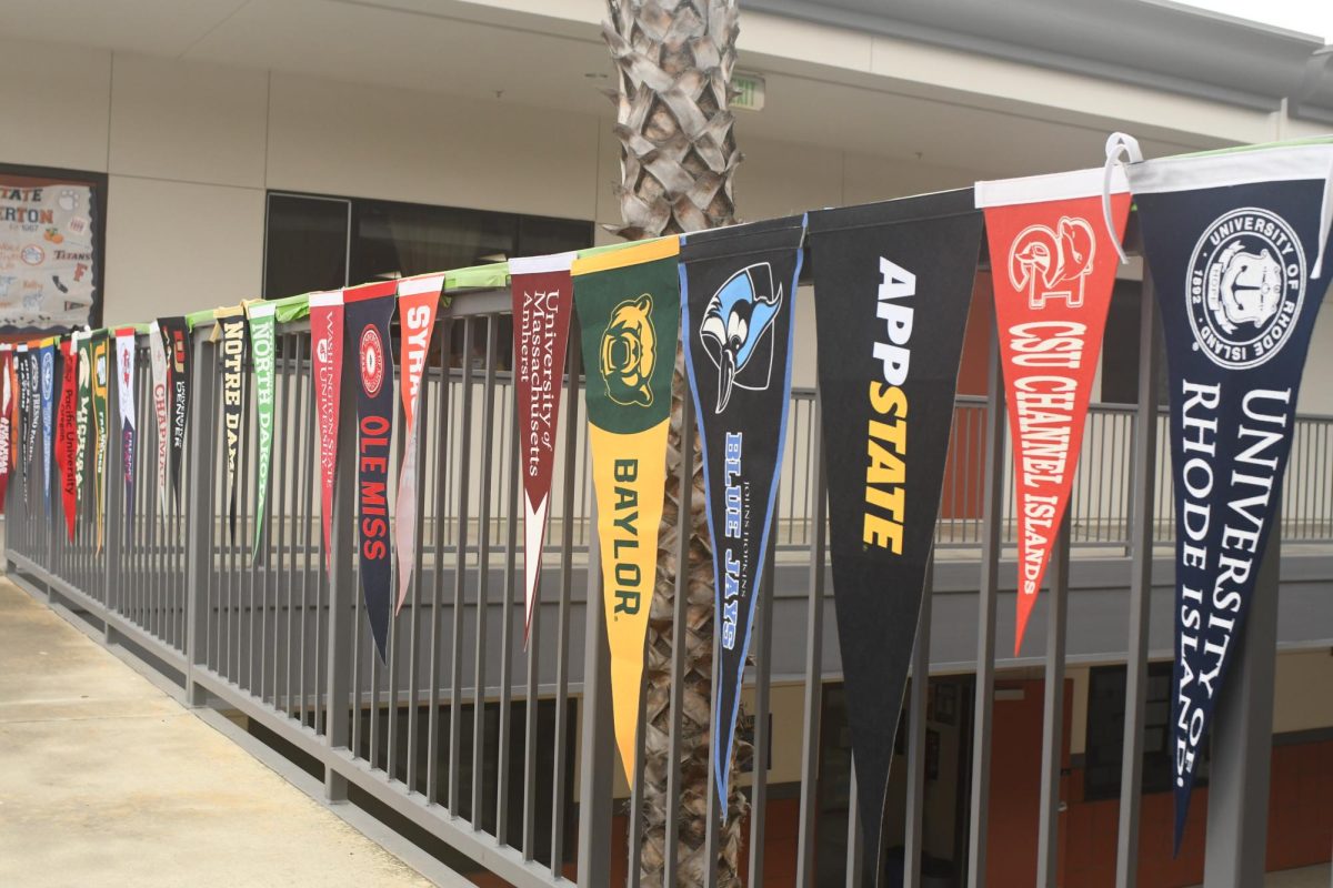 College flags decorate the upper H building to motivate seniors during Ride for Your Future Week. 