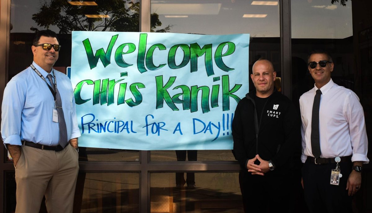 San Juan Hills welcomes the principal for a day, Chris Kanik, the CEO and founder of Smart Cups.  The superintendent of Capistrano Unified School District and the principal of San Juan Hills, Cina Abedzadeh meet Kanik in the front office and guide him around the campus.