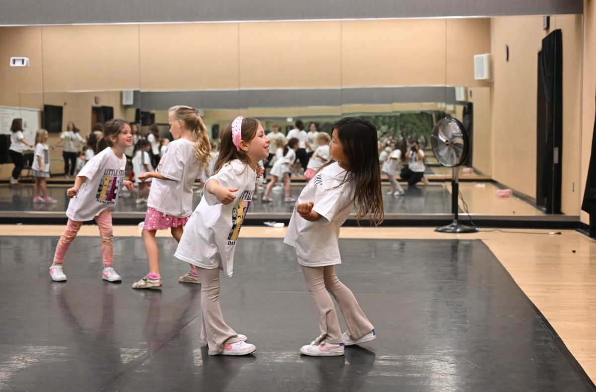 Learning choreography, the Little Stallions execute their routine. The Dance Production led workshop consisted of learning a Taylor Swift themed dance, then performing it on stage alongside members of the dance team after extensive practice in the dance rooms. 
