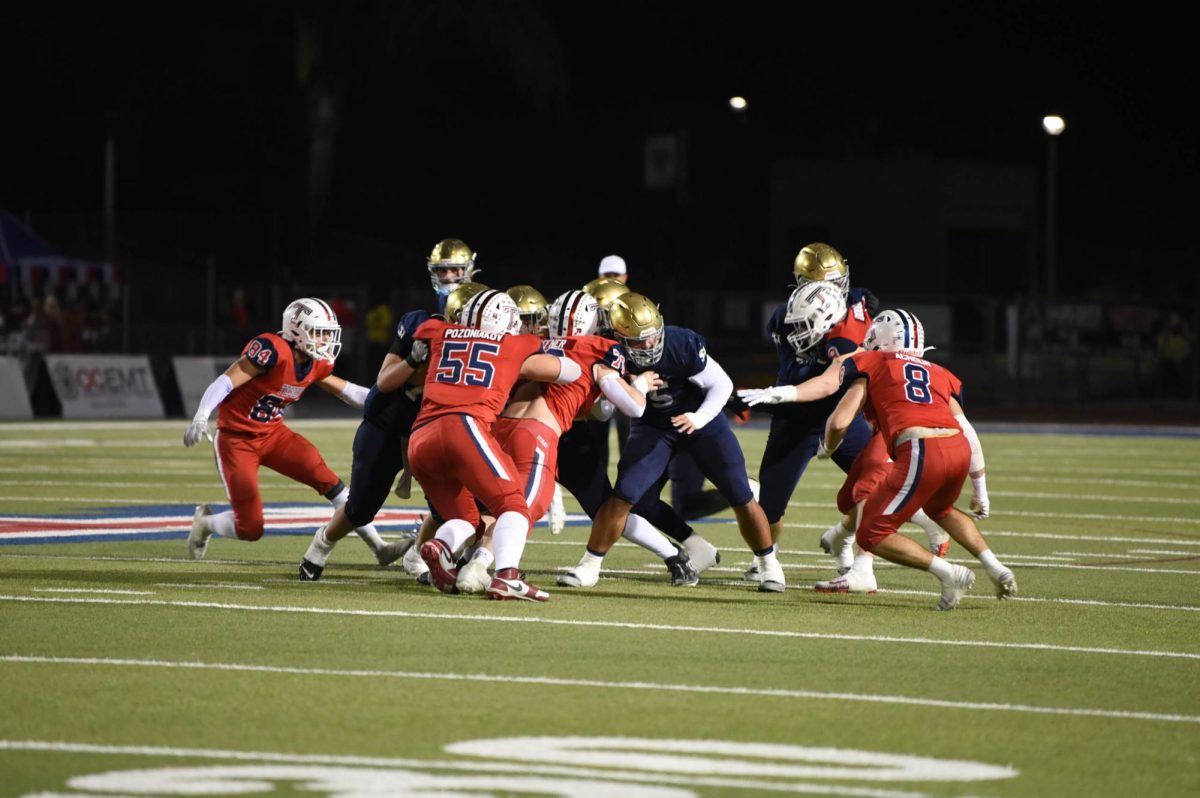 At the Battle of the Bell football game, Varsity Football’s offensive line charges at the opposing team, Tesoro Titans, to gain yardage towards a touchdown. The game ended in Stallion’s favor, 42-7. With an overall record of 10-1, the Stallions were league champions and are ranked #12 in California. 

