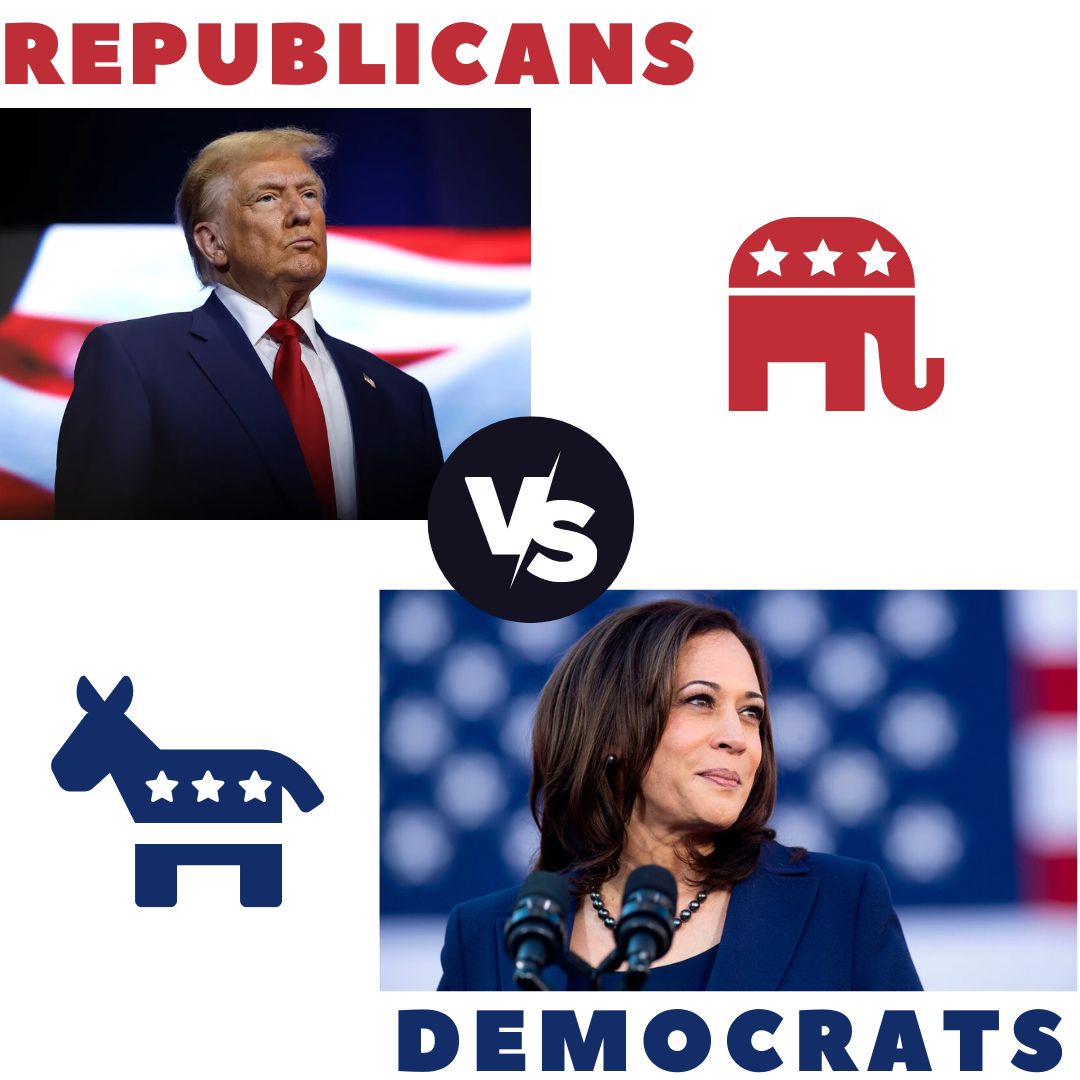 Democrats and Republicans are members of the two parties that keep the United States in order. Despite their differences, without one or the other, there would not be balance. Credit to Rolling Stone for photo of Donald J. Trump and credit to National Public Radio for photo of Kamala Harris.