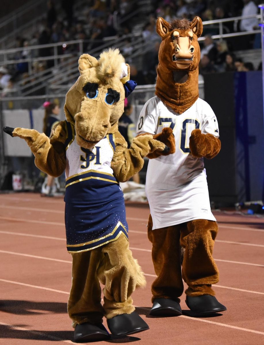 During the football game against Newport Harbor, Stanley and Stella cheered on their fellow stallions on the side lines. Our mascots pose for a photo showing their enthusiasm and school spirit. With their help, the Stallions cheered our football team to victory.