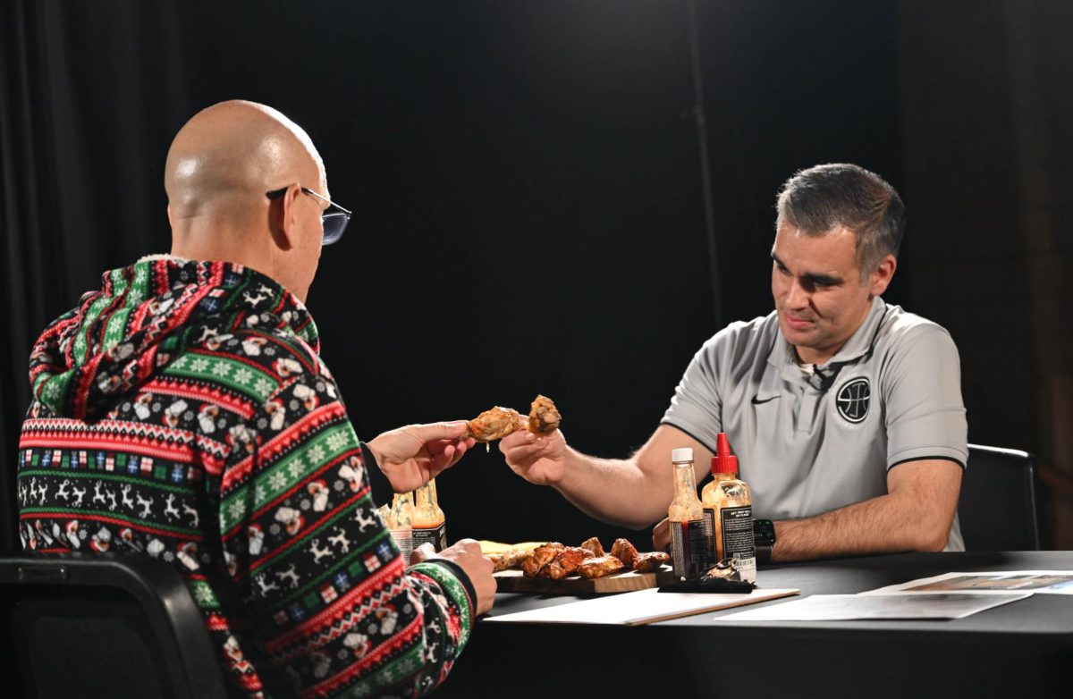 Nick Stine sits down with Principal Abedzadeh inside the Mane Event's studio in F10. Students in Mane Event taped a special segment for their monthly newscast.