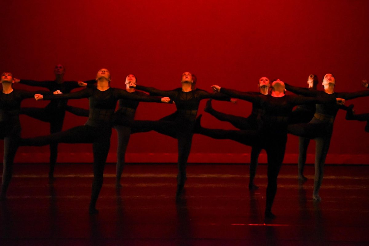 Beginning from left to right, Ruby Baker (11), Summer Rice (10), Holly Brosch (10), Ellie Iwamoto (10), Zoe Pollei (11), Ellie Johnson (10), Amelia Mui (12), Daphne McMillan (10), and Kayla Tran (12), carry out a choreographed modern styled dance, Reactor, with abstract contemporary movements and formations during the 2024 Winter Fusion Show.