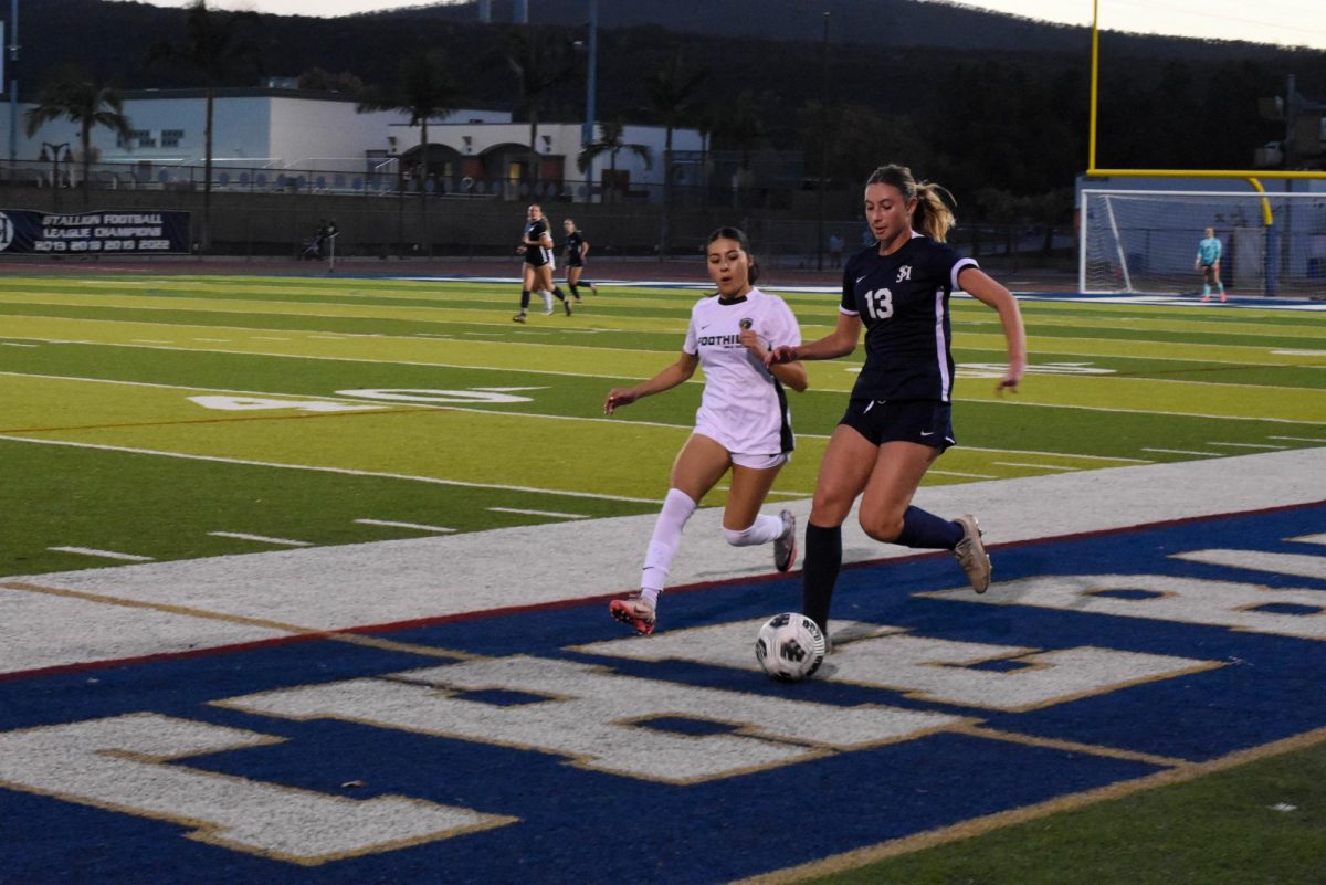 Dribbling down the line, varsity soccer player Taylor Jander (12) passes the ball to her teammate.