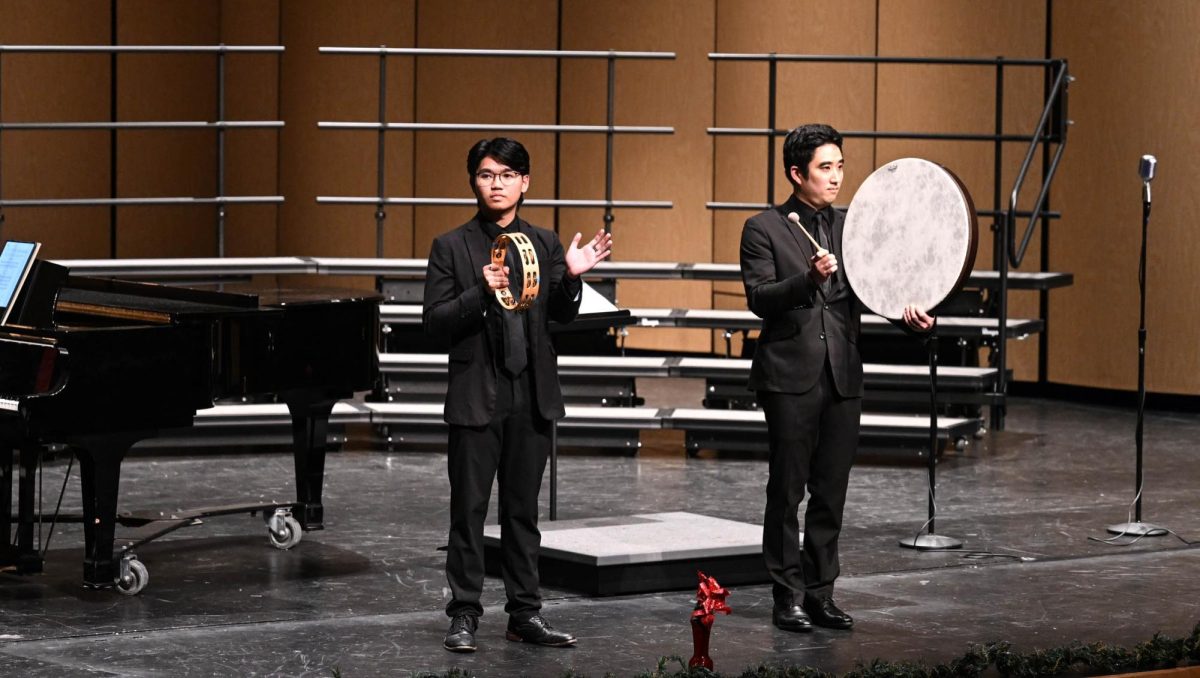 Choir director Michael Ushino led the meistersinger’s rendition of “Masters in the Hall” with a drum, accompanied by student teacher Michael Ferrer on the tambourine.