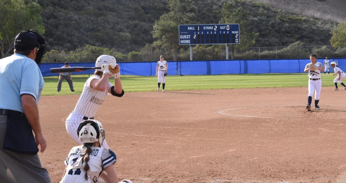 On February 27, Gianna Ioja (12) gets ready to bat the ball on the home plate as the Northwood pitcher gets ready to throw the ball. The Stallions fought hard all game long but the Timberwolves triumphed with a 6-3 win. 