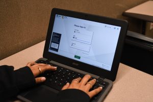 Student poses as she logs onto the testing site, Secure Test Browser, for the annual CAASPP testing for the junior class. This year, incentives are given to encourage students to do their best; these include grade bumps, free dance tickets, and parking passes. The school also presented a light-hearted competition between Tesoro High School, hoping to motivate students. 