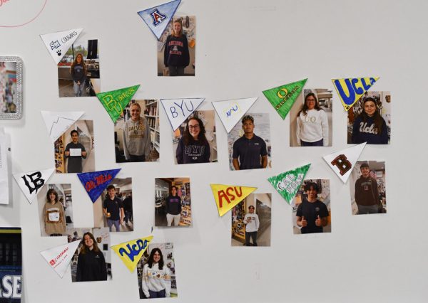 English teacher Christy Bak-Boychuk has a spot on her whiteboard for her seniors and the college they’re attending. Presenting a photo of the students wearing their colleges’ merch with their college flag above it. In a way, Bak-Boychuk is promoting their hard work and deviation by having a section in her classroom dedicated to them. 