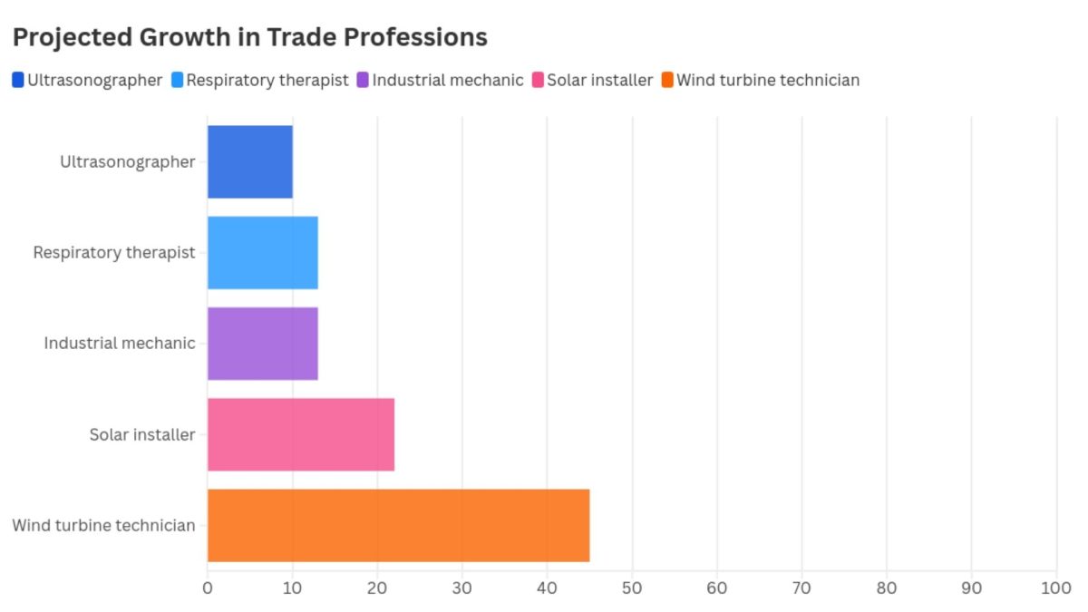 The graph represents the projected growth in fields for trade jobs from 2022-2032 according to Indeed. All of these professions give individuals the opportunity to earn a substantial salary without a college education.