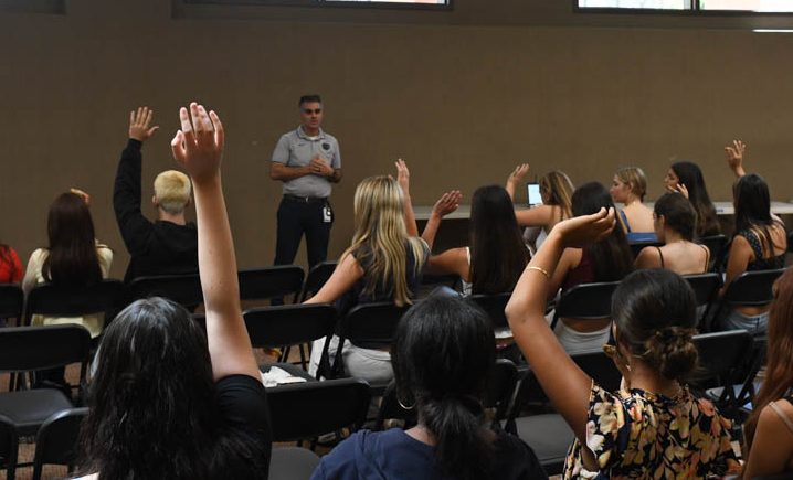 Students eagerly raise their hands as Principal Cena Abedzadeh hosts the year’s first informational meeting of the Principal's Student Council. The Principal's Student Council is created to give students a greater role in school community, events, and planning. 