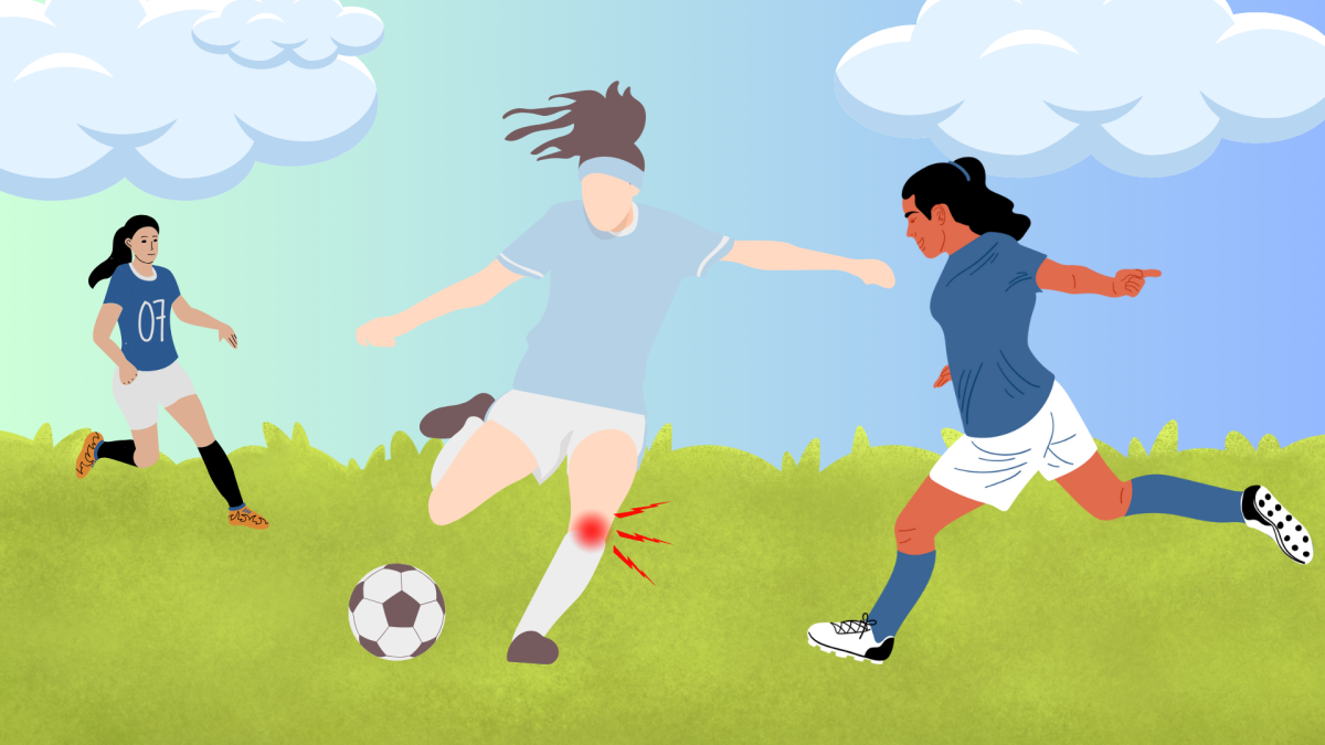An art graphic depicting a young girl tearing their ACL during a soccer game. The majority of these tears occur from minimal to no contact due to awkward pivots, jumps, landings, or sudden stops.