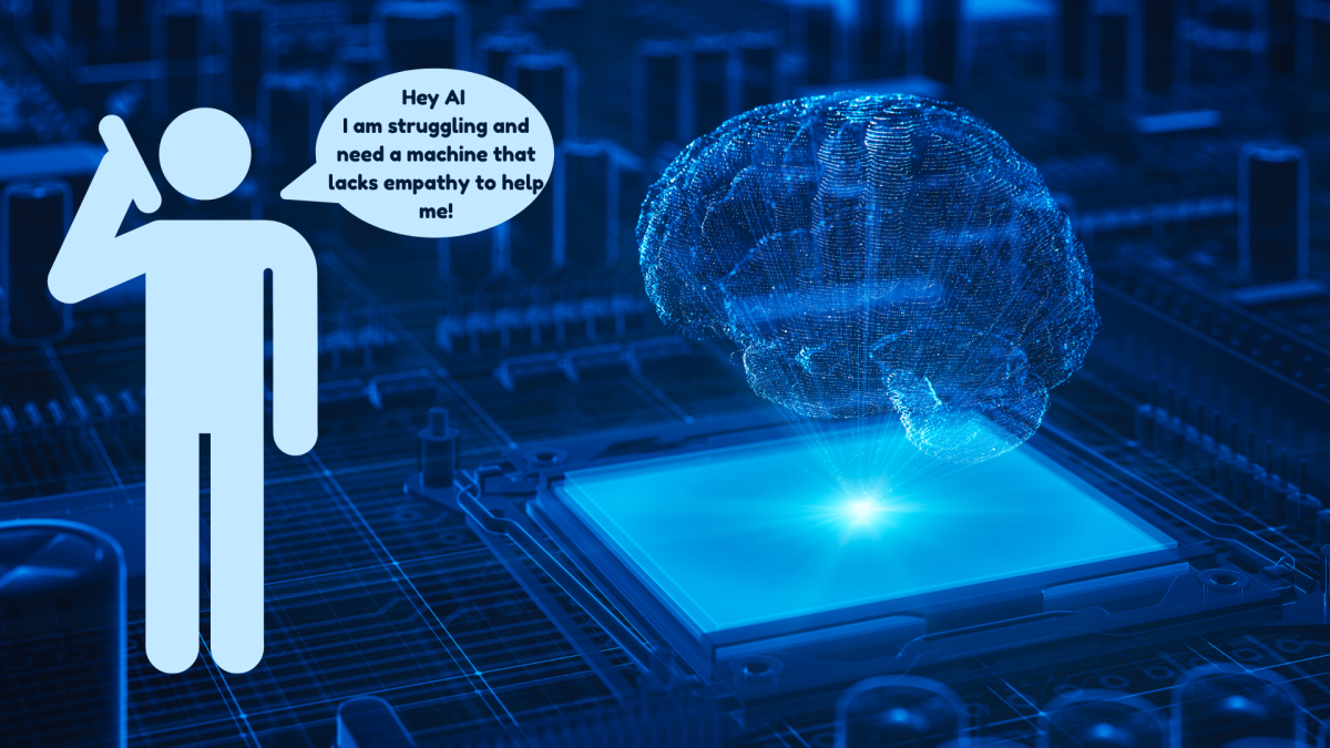 Using artificial intelligence as therapy is dangerous for peoples’ mental health. The stock image of the brain represents the control the internet and AI has in the present day. With a figure on the phone telling AI how they are struggling and need a machine/device that has no empathy and no position to diagnose a human being. 