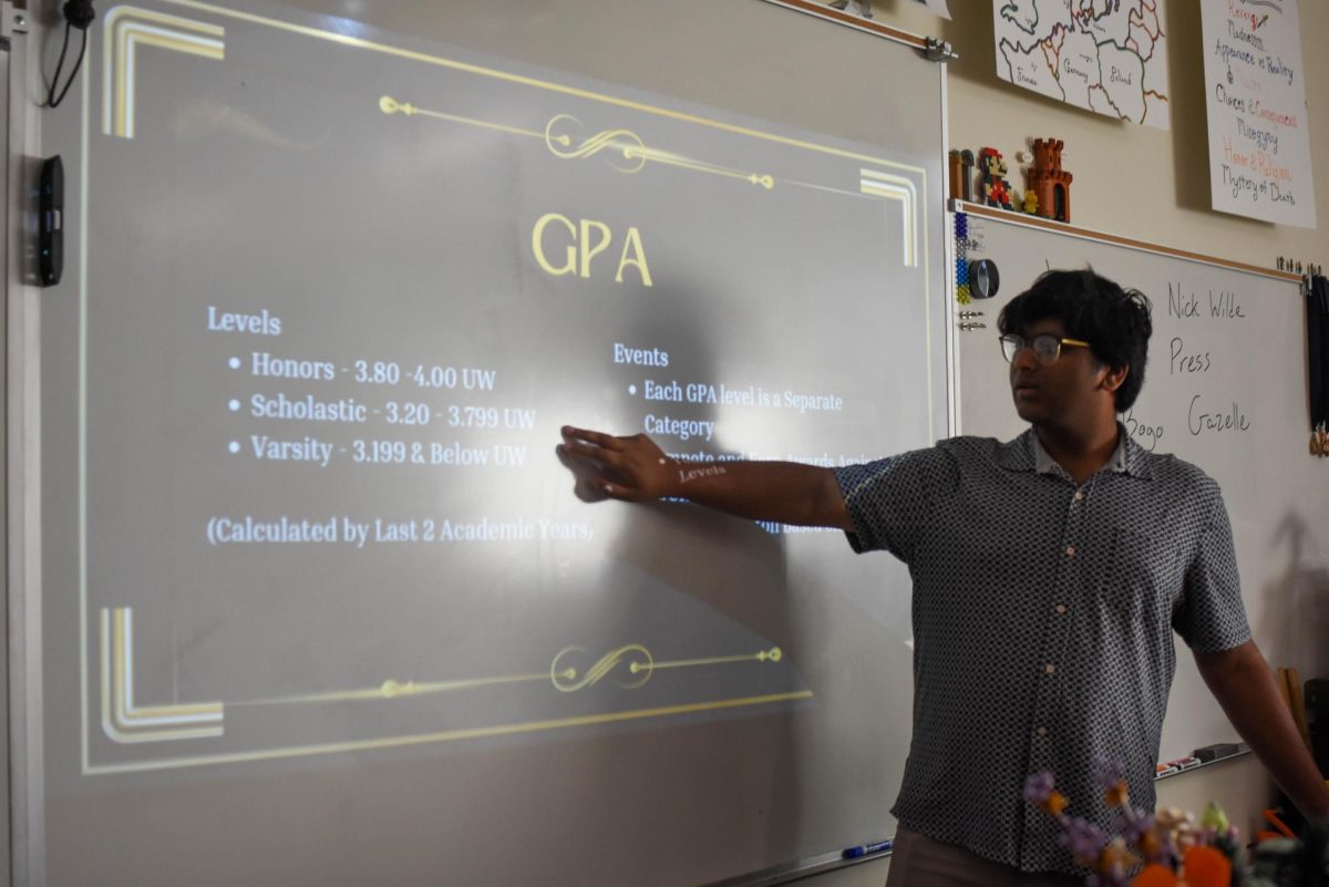 Anur Narayan (12) is the president of the Academic Decathlon club. At the informational meeting he discusses requirements to compete in either Honors, Scholastic or Varsity level of decathlons.