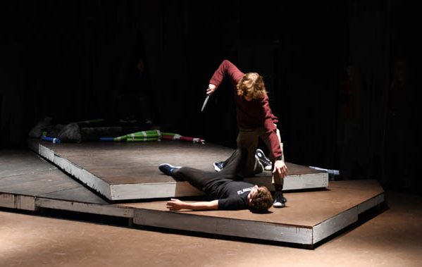 Liam Herd and William Kreutinger (12) are seen practicing a scene from MacBeth. This play is a black box play, which allows the audience to see the action up close in a way that would not be able to happen on the main stage. 