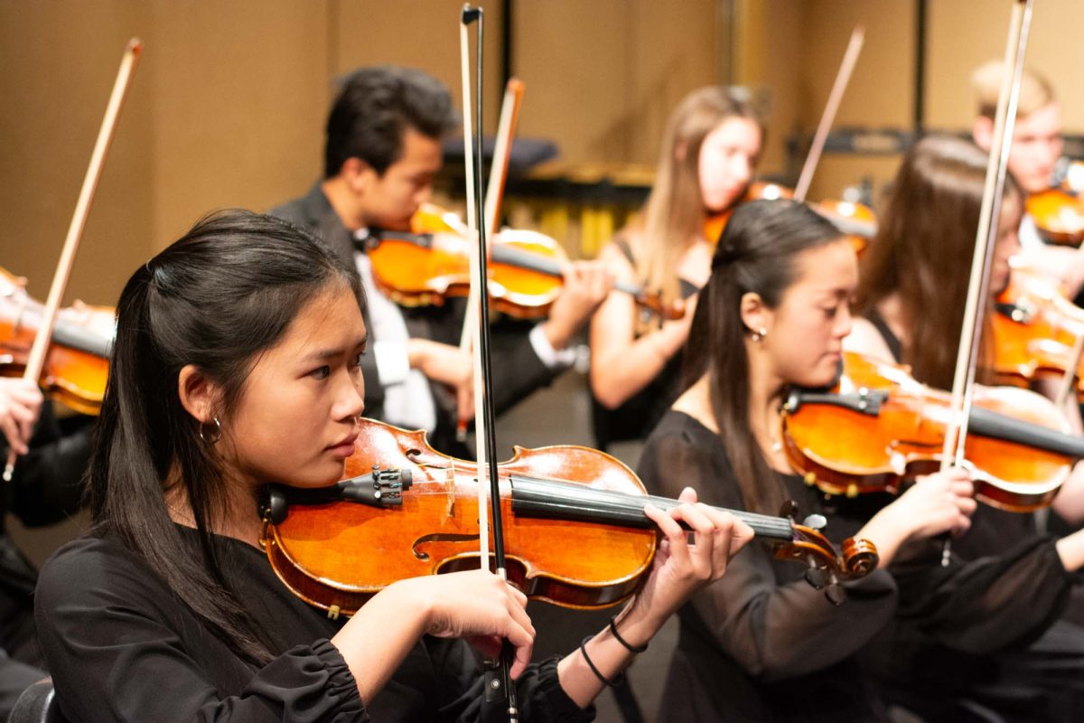  Mylin Huynh (11) steadies her violin in unison with others around her. The Fall Instrumental Concert was held, showcasing each sections preparation in the first concert of the year.
