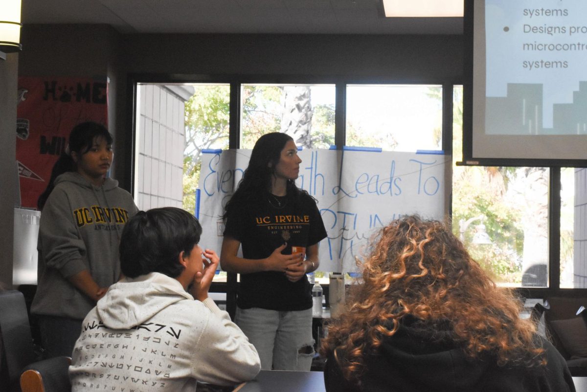 UCI Engineering Presentation: UC Irvine students Adani and Natalie present to a crowd of San Juan Hills Highschool students. Each year in the library, students from UC Irvine hold an engineering presentation discussing different pathways, fields, and opportunities to students who are interested in exploring the major.