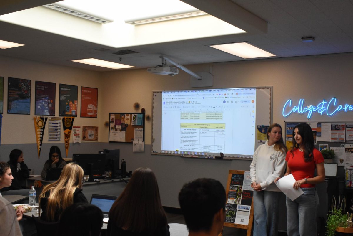 Milan Tak and Savannah Hatz (12) are presenting plans to Career Technical Education Ambassadors on how CCA classes will be marketed to students in the school district to increase participation and support for CCA classes.
