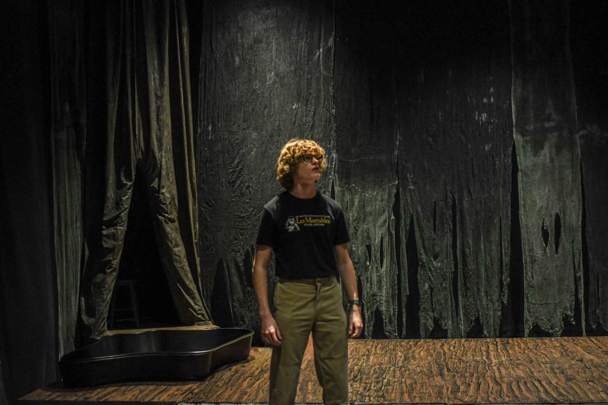 Liam Herd (12) stands confidently as he rehearses his monologue for the upcoming play, MacBeth. The curtains will open in a couple weeks, December 3rd, when Herd can perform in front of a live audience.