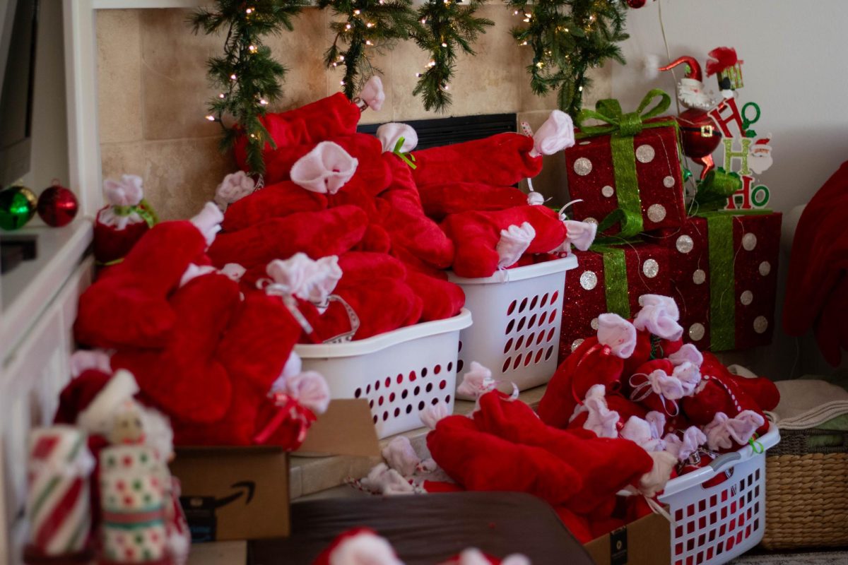 Around 200 stockings were filled by the Soldier’s Angels Club. The club fundraises and collects items at the local Ladera Albertsons, then fills stockings to deliver to the local veteran’s hospital in La Jolla, San Diego during the holiday season. 
