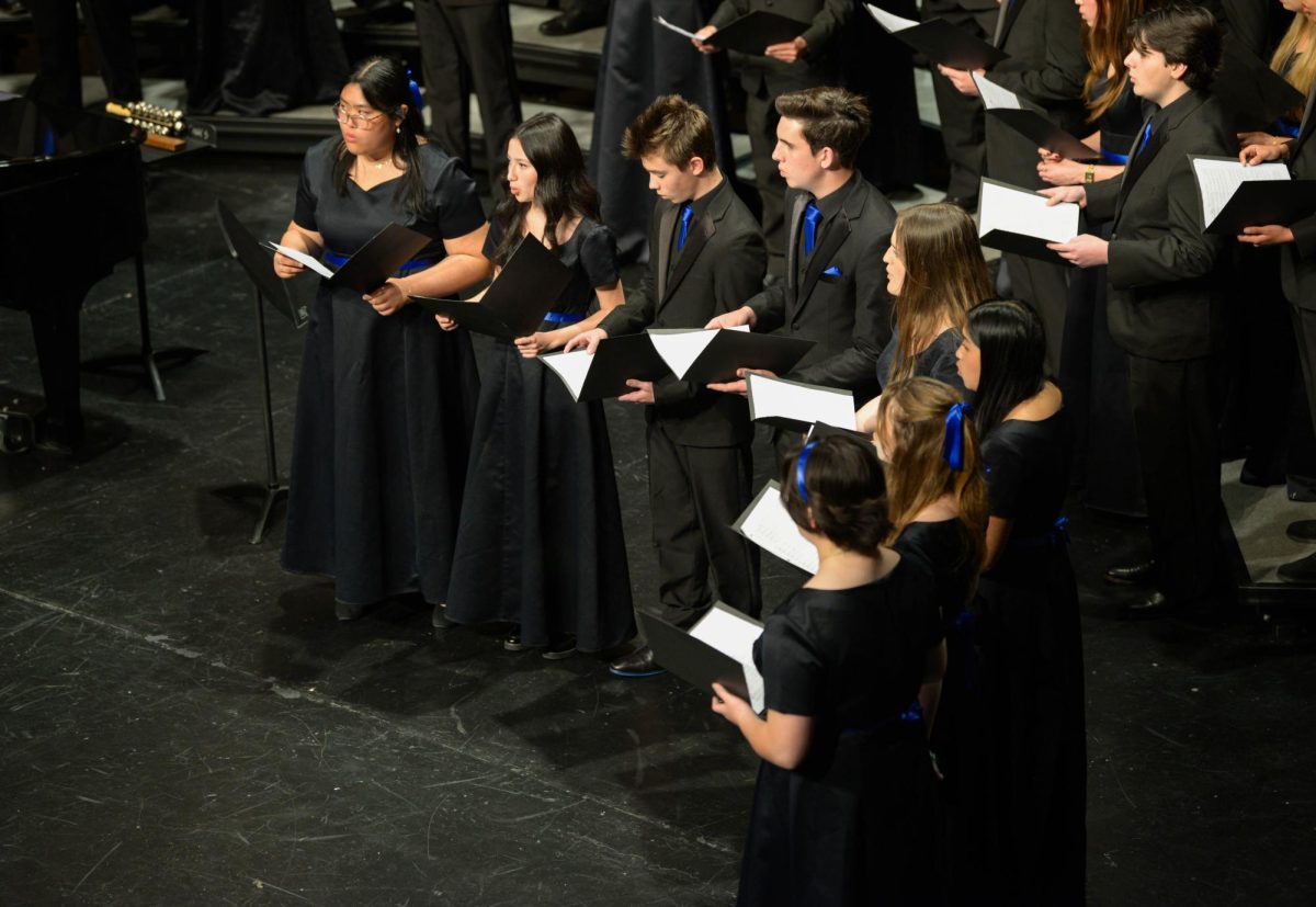 Students Mikah Lai, Annabel Nguyen, Nash Tanner, Calvin Rydell, Michaela Chapman, Madeline Lai, Kiana Marumoto, and Kira Lawton all sing the lyrics to Miserere Mei while looking off into the crowd. The select few students in choir are picked to be front and center for this portion of the song.