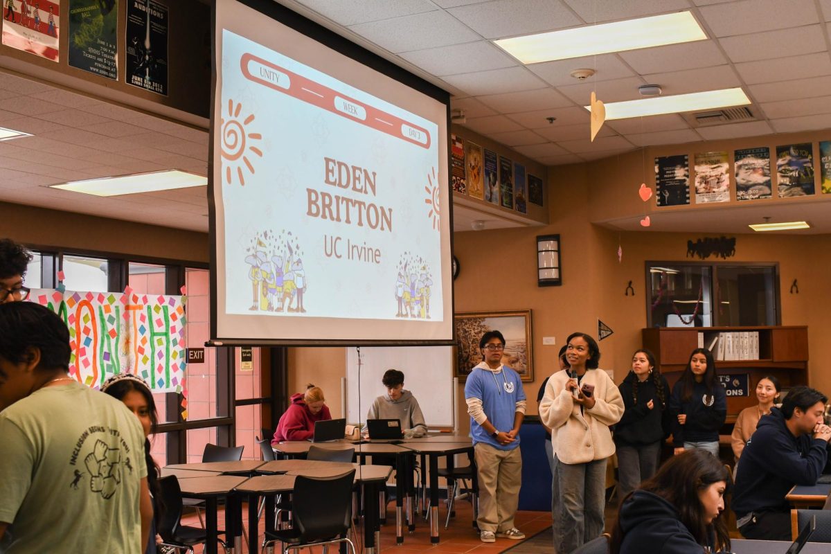 Students listen to guest speaker Eden Britton from the UC Irvine's DIRHA program during the No Place for Hate's presentation on racism. The session encouraged meaningful dialogue about recognizing bias, challenging discrimination, and building a more inclusive school community.