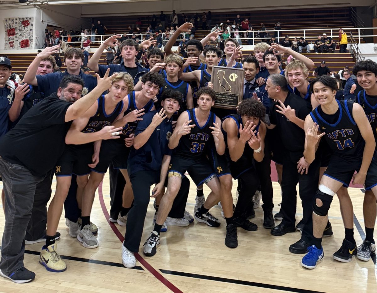 Stallions Basketball pose with their coaches, Javier LeBrija, Jorin Efstathiou, Jason Efstathiou, and Arthur Carrido and a CIF plaque after defeating 'The Tribe' from Tulare Union High School.