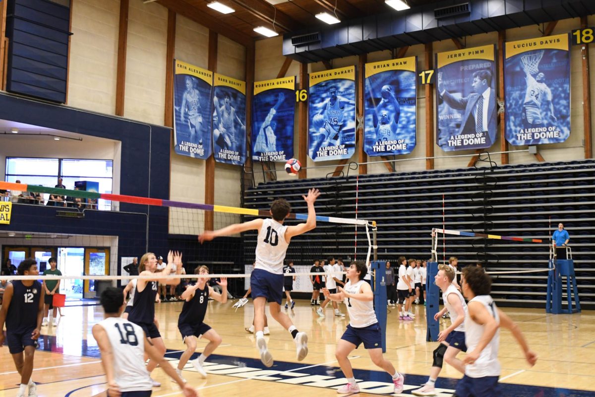 Players watch as middle blocker Ashton Donaldson (10) attacks with a quick hitting route.