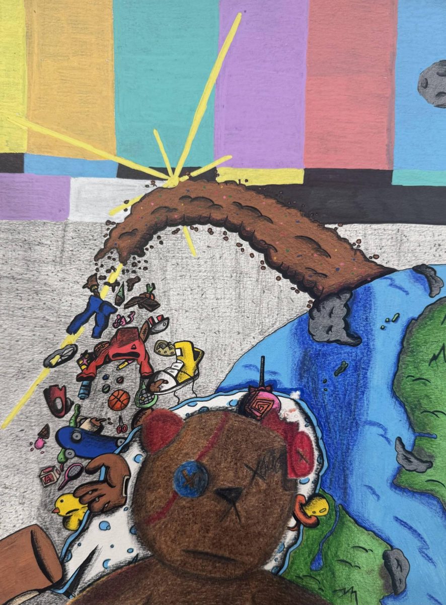 Braden LaClair combines childhood nostalgia with cosmic imagery in this piece, placing a ring of worn childhood objects around the Earth. Using colored pencil and paint pen, the work reflects memories of youth through a space-inspired lens.
