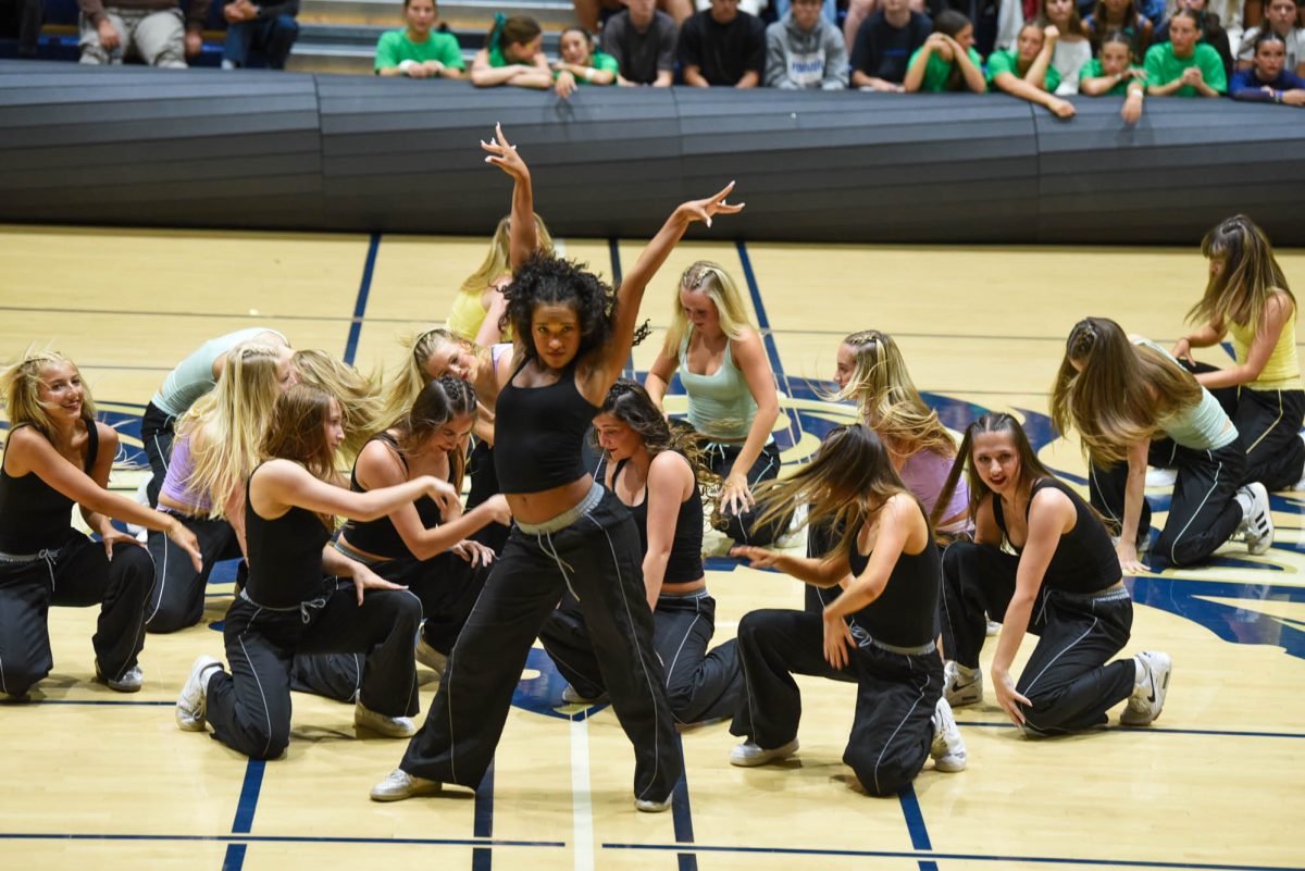 Advanced Dance team shows the progression of students from Freshmen to Seniors by showing Freshmen in the back then leveling up to Seniors
