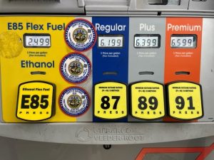 The price for E85 Ethanol fuel was $2.49 on April 25 in La Costa, California, making it about 150% less expensive than regular gasoline. Even though drivers will get 30% fewer miles per gallon it's still more cost effective to run E85 Ethanol than regular.