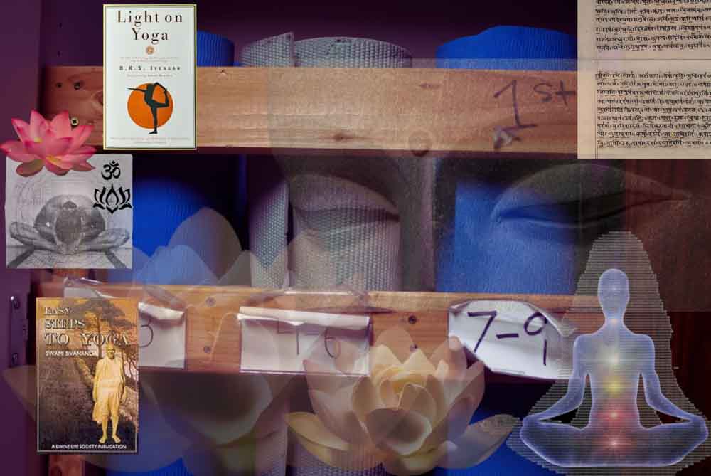 The background consists of yoga mats students used for San Juan Hills yoga class. With following symbols and icons of the teachings and overall symbolism of yoga. Books yogi pioneers published like B.K.S. Iyengar’s Light on Yoga (1966) and Swami Sivananda’s Easy Steps to Yoga that was written throughout the late 1930s and published 1939. Both evaluate the healthy lifestyle yoga brings and the teachings that come with it. 