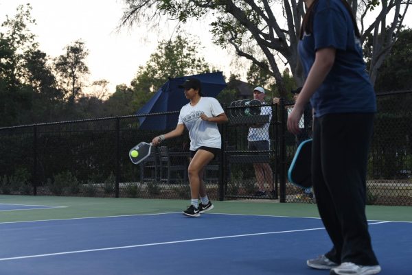 Shreya Konidana (12) returns the serve during a friendly pickleball match at the Avendale Village Clubhouse in Ladera Ranch. On Wednesdays, the Ladera courts feature free play in the afternoons where anyone can come and play.