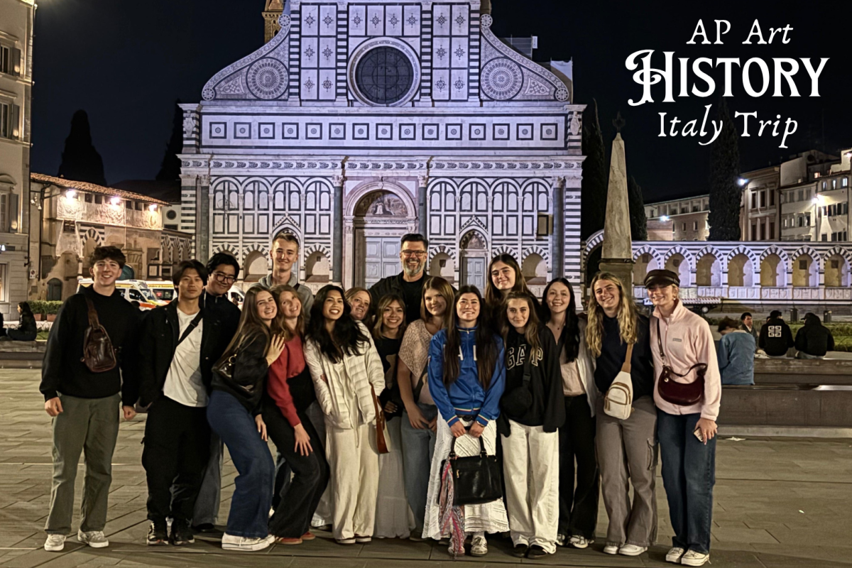 In front of the Basilica of Santa Maria Novella in Florence, students in Robert Lynde’s AP Art history trip excitedly stand in front of one of the many churches they have studied. Including this location, they have traveled between Rome, Assisi, Florence, and Pisa visiting various pieces of art and architecture.