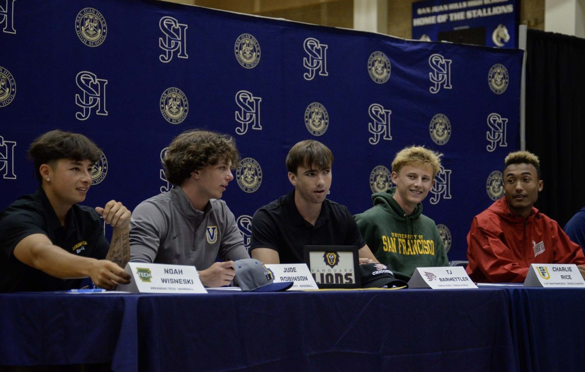 Noah Wisneski (12), Jude Robinson (12), TJ Barmettler (12), Charles Rice (12) and Joshua Howard (12) sit together in anticipation of their future. Signing day marks their commitment to their college or university as well as their beginning of their next chapter in life.